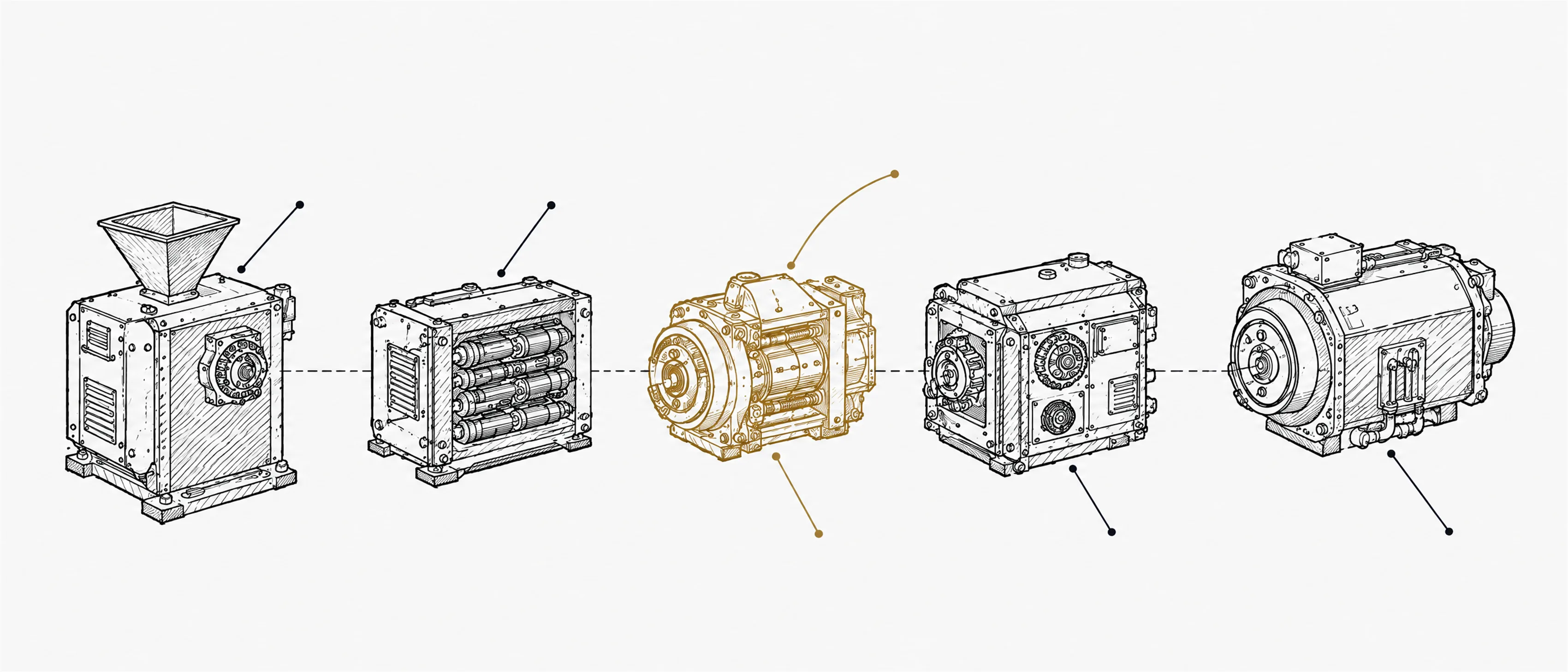 Patent drawing of a sales system as five machine modules in a line: marketing, setters, closers, operations and client success, with the closer module inked in gold as the bottleneck.
